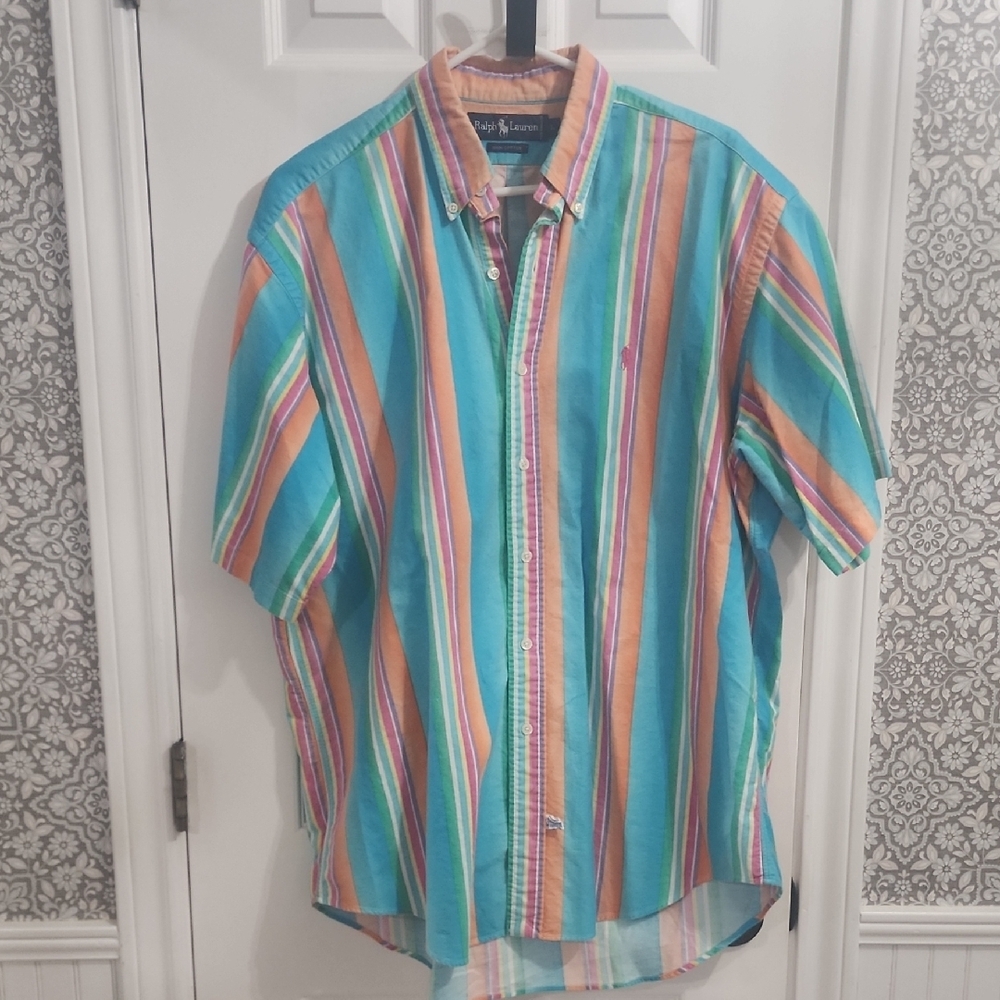 Ralph Lauren Vintage Striped Cotton Short Sleeve Button Down Size Large 90s​